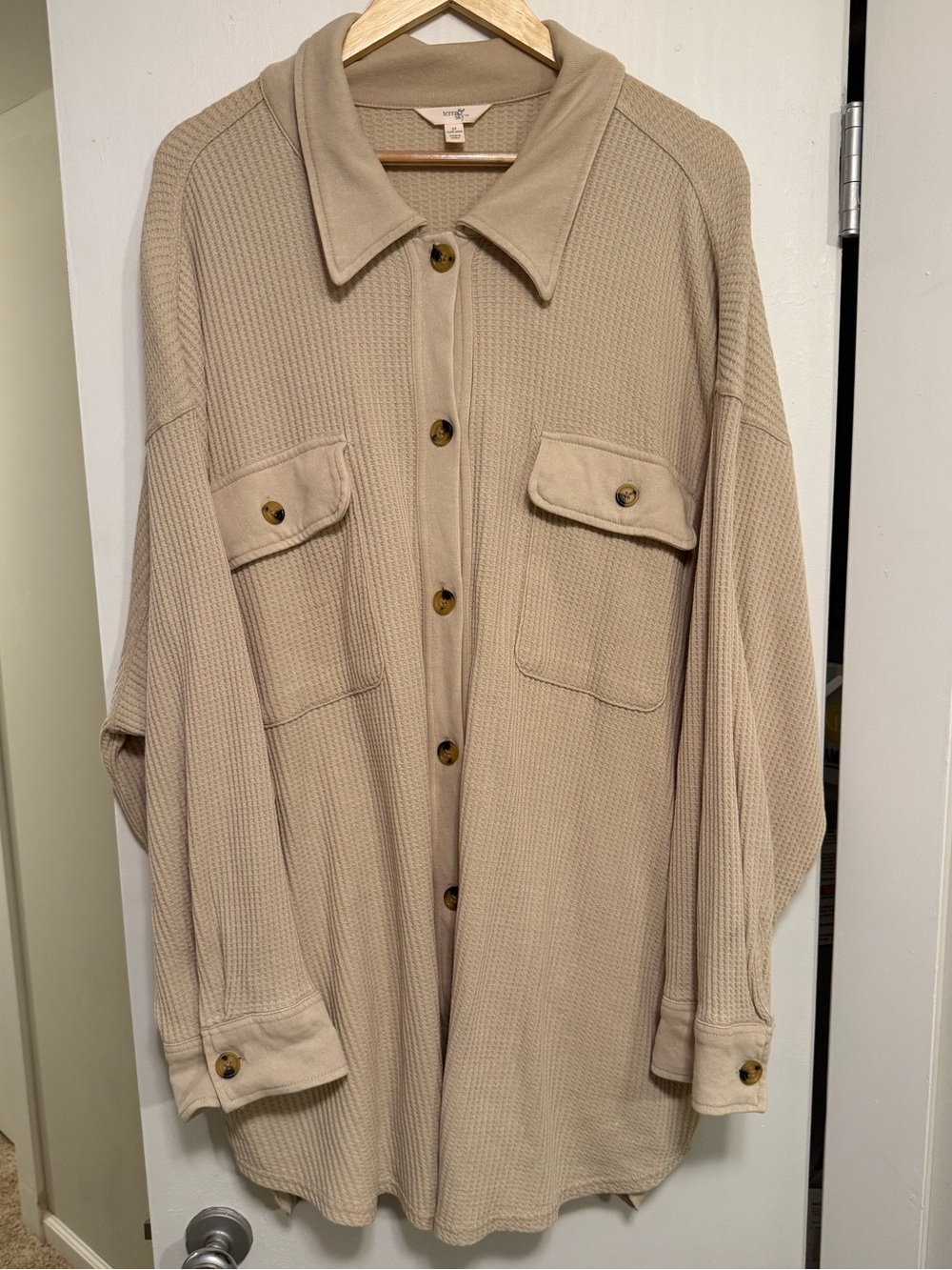 Terra & Sky 3X 24W-26W Taupe Waffle Knit Utility Shacket